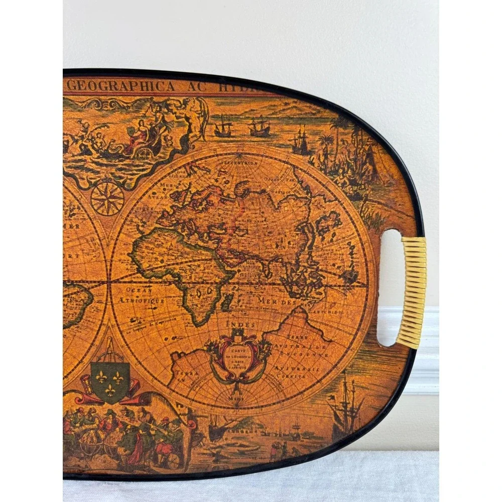 Vintage World Map Oval Serving Tray Orbis Geographica Wicker Handles 18.5 Inch